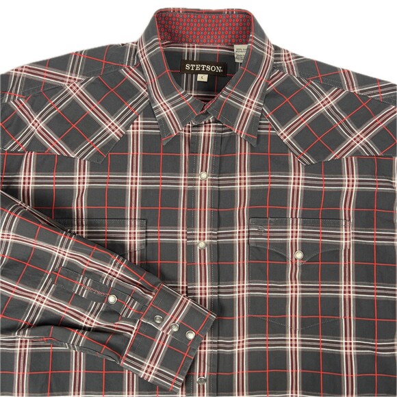 Stetson Sz Mens L Long-Sleeve Western Shirt Snap Closure Gray Red Cowboy Logo - Picture 1 of 14